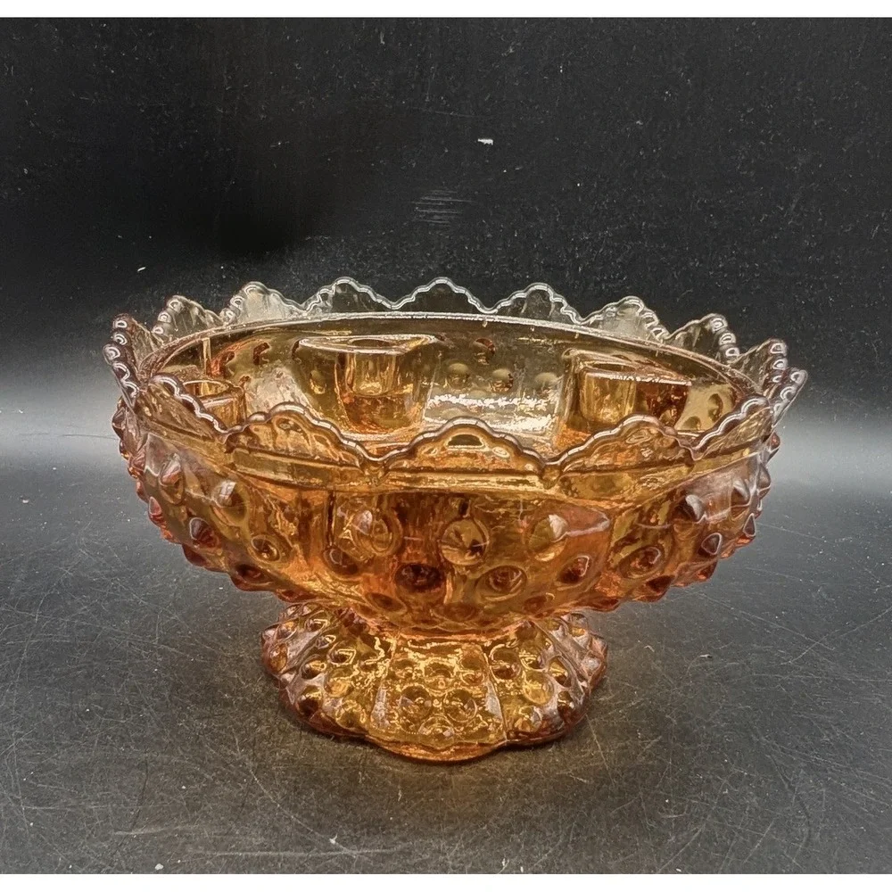 Vintage Amber Fenton Glass Hobnail Console Bowl Scalloped Edge 6 Candle Holder